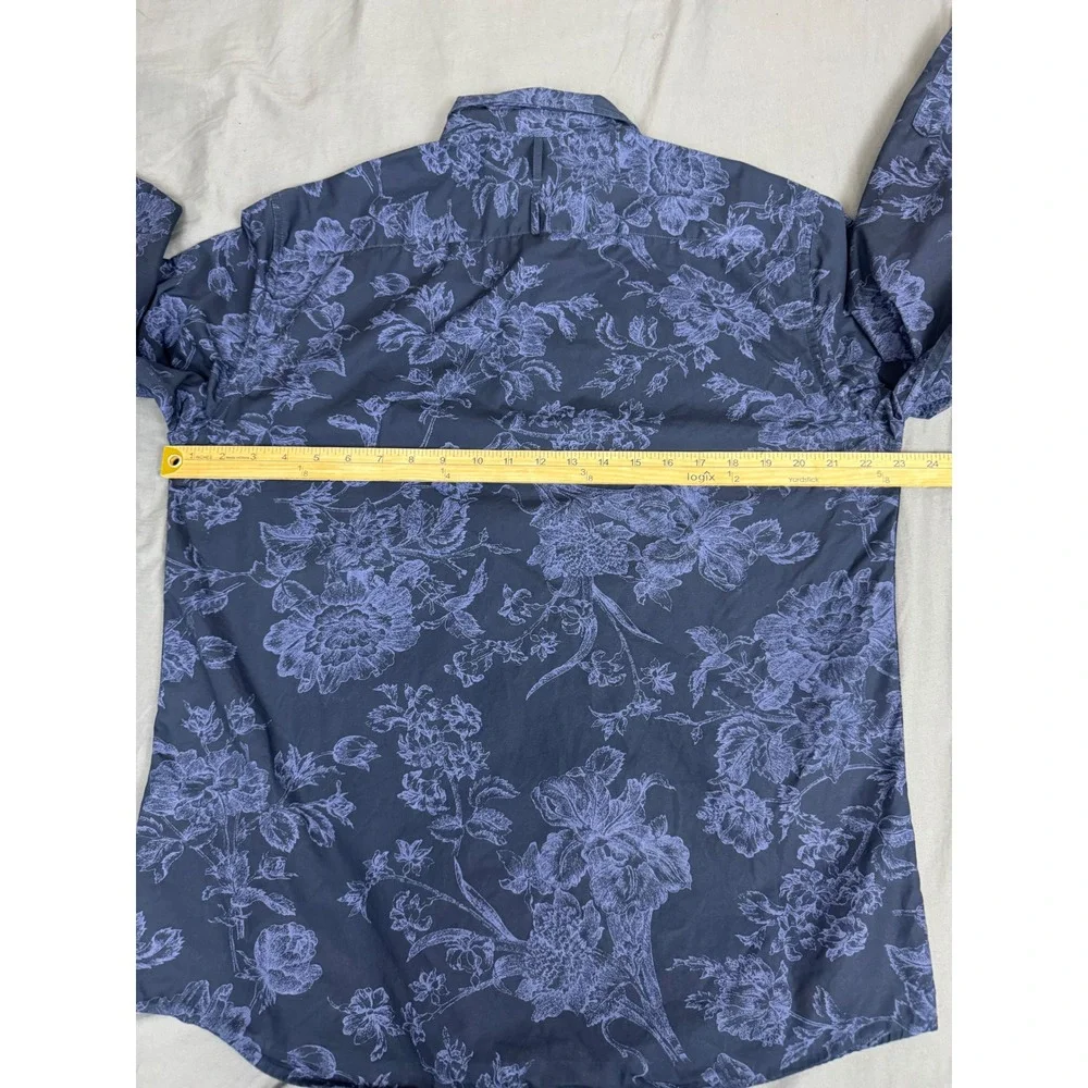 Banana Republic Mens Large Luxe Poplin Untucked Slim Fit Floral Shirt Navy Blue